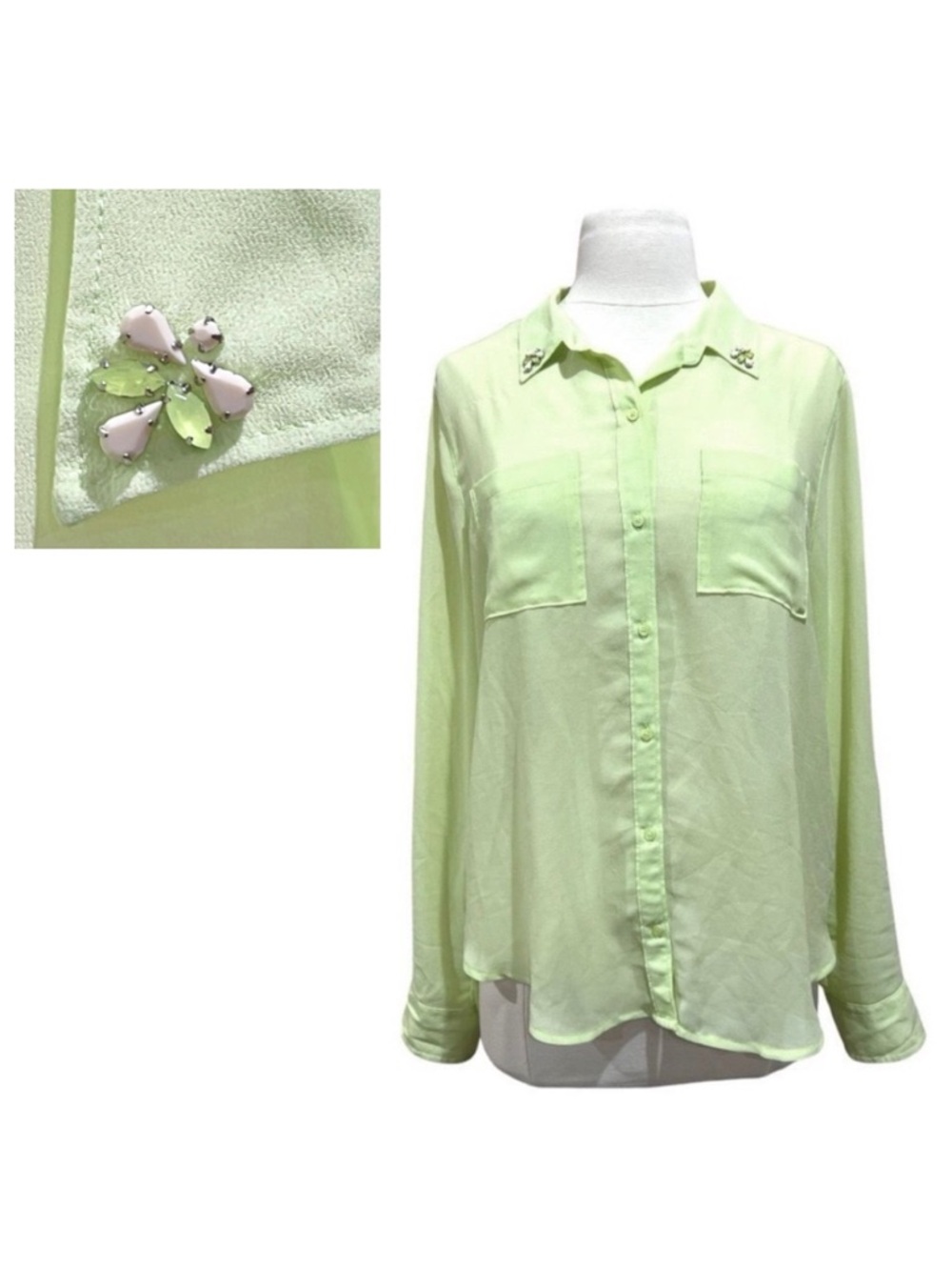 Hollister Lime Green Gem Embellished Sheer Blouse Size Medium